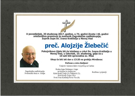 Preminuo preč. Alojzije Žlebečić