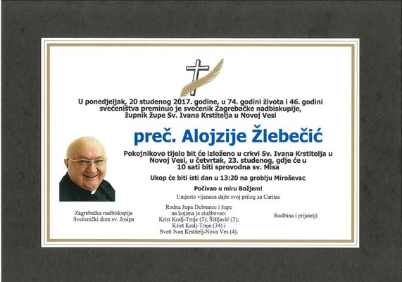 Preminuo preč. Alojzije Žlebečić